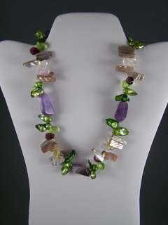 New Natural Gem Stone and Bead Necklace in Lavender and Green  