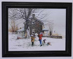 Kids making snowman stone house snow picture framed  