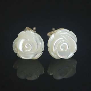925 Silver 10mm White Mother of Pearl Seashell Rose Stud Earrings E011 