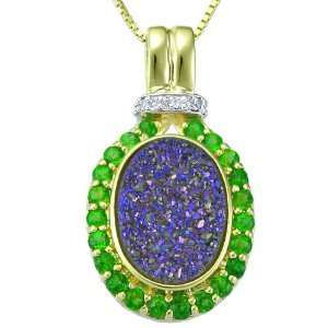   Gold Over Sterling Silver Blue Drusy and Chrome Diopside Pendant, 18