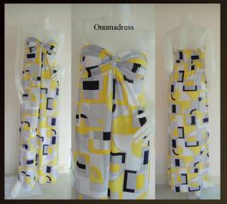 Yellow gray printed Strapless long maxi dress S M L XL 2XL 3XL  