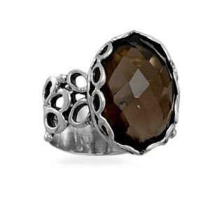 Smoky Quartz Ring Faceted Stone Open and Solid Band Sterling Silver
