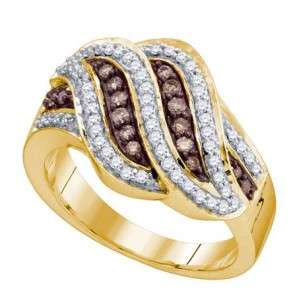   YELLOW GOLD LADIES CHOCOLATE/WHITE DIAMOND FASHION BAND RING 0.51CT 4R