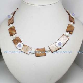   natural white pearl & brown rectangle sea shell flower necklace  