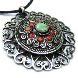 Round Tibetan Pendant with Coral   1.3  Authentic Silver Pendant from 