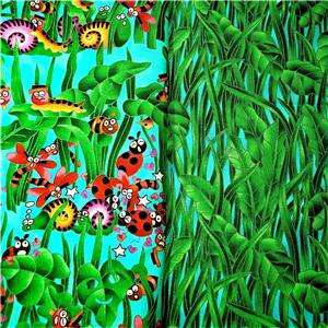 RJR Cotton Fabric Busy Silly Bugs & Leaves on Aqua FQs  
