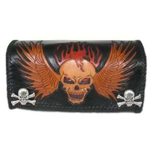 Custom Leather Biker Bag Skull, Flames, Wings. Hand made, hand carved 
