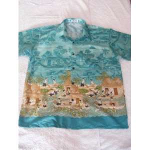 Mens 100% Thai Silk Shirt  Jade Green Mosaic Material with Original 
