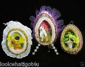 Easter Ornaments Shadowbox Eggs Vintage handmade beads ric rack  