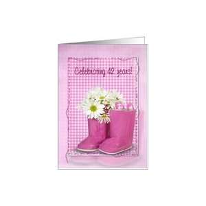  42nd birthday, boots, daisy, gingham, birthday, pink Card 