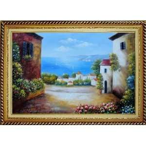 Italian Garden Overlooking Mediterranean Sea Oil Painting, with Linen 