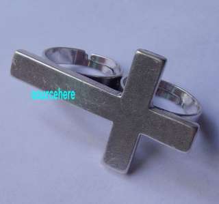   Vintage Jesus Cross Ring Double Two Fingers Silver Tone Rings  