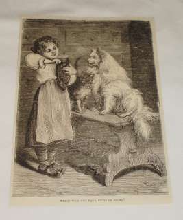 1876 engraving ~ GIRL FEEDING CRUMBS TO CAT & DOG  