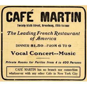 1910 Ad Cafe Martin French Restaurant Concert Music   Original Print 