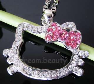 Cute Hello Kitty Crystal pink bow chain diamante Pendant Necklace 