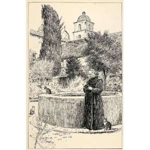  1902 Wood Engraving Santa Barbara Mission Monk Garden Cats 