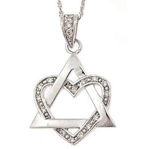10K White Gold Star of David Diamond Heart Pendant with Necklace 18 