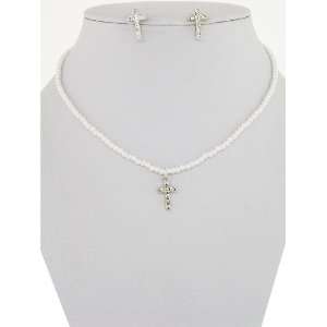 Fashion Jewelry ~ Kids Pearls Set ~ White Faux Pearls Cross Pendant 