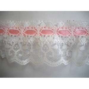 12 Yds White Ruffled Lace with Pink Ribbon 1.75 Inch 