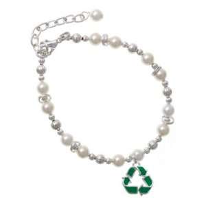 Green Enamel Recycle Symbol Czech Pearl Beaded Charm Bracelet [Jewelry 