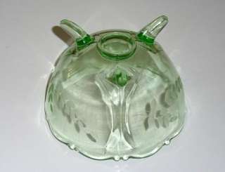 GREEN DEPRESSION GLASS ETCHED BOWL FOOTED BEAUTIFUL  