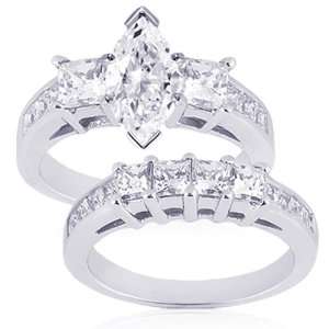  3.10 Ct Marquise 3 Stone Diamond Wedding Rings Set 14k SI2 