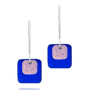   Dichroic Glass Blue and Light Pink Double Square Shaped Earrings