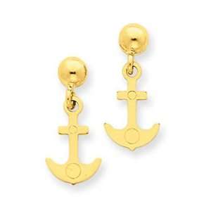 14k Yellow Gold Polished Anchor Dangle Post Earrings 