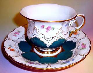Rich Gold & Teal Green Floral Meissen Tea Cup and Saucer ~  