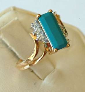 ESTATE EMERALD CUT GENUINE TURQUOISE AND DIAMOND RING 10KT SOLID GOLD 