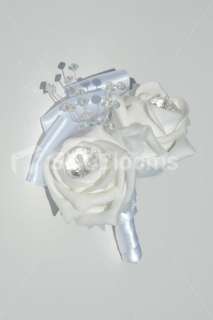 Modern Pure White Roses Groom Crystal Double Buttonhole  