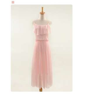 J8330 Japan Chiffon Pink Ruffle Pleated Long Dress  