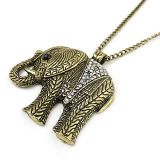 Steampunk Vintage Necklace Good Luck Elephant Diamond Brass Golden 
