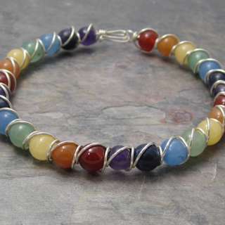 Rainbow Chakra Beaded Sterling Silver Wire Wrapped Bracelet  