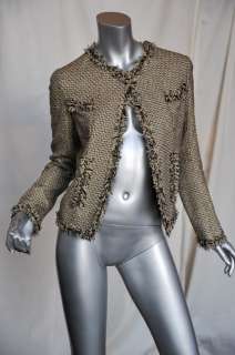 CHANEL Metallic+Black+Gold Fringe Tweed Checkered Blazer Jacket 