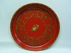 vintage round metal serving tray red with gold acccents 13  