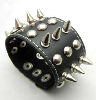 Row 13mm Metal Spike Stud Punk EMO Gothic Leather Bracelet Wristband 