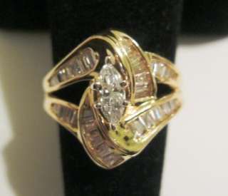   14K GOLD MARQUISE & BAGUETTE DIAMOND RING SZ 6.75 signed IKO  