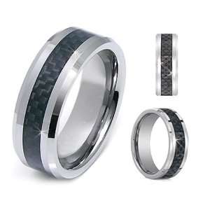 8mm Mens Beveled Edge Tungsten Carbide Ring Wedding Band with Carbon 