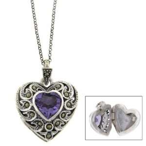  Sterling Silver Marcasite Purple Heart Locket Jewelry