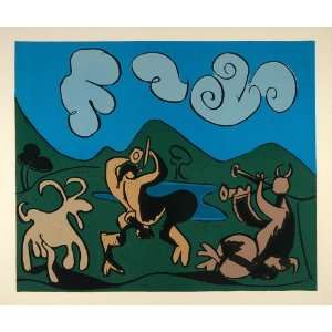  1962 Linocut Art Satyrs Goat Flute Player Dance Picasso 