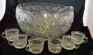 SMITH GLASS PRESSED EAPG HOLIDAY POINSETTIA PUNCH BOWL LADLE CUPS 