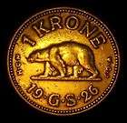 1926 Greenland 1 Krone Polar Bear Aluminum Bronze Coin  