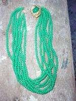 Vintage Green Glass Bead Multi Strand Necklace w Rhinestone Flower 