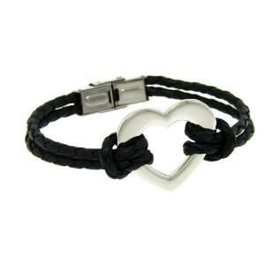   Steel Beautiful Heart with Looping Woven Black Leather Band Bracelet