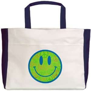    Beach Tote Navy Smiley Face With Peace Symbols 