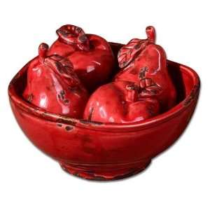  UT19129   Faded Red Ceramic Bowl with Fruit   Set of Five 