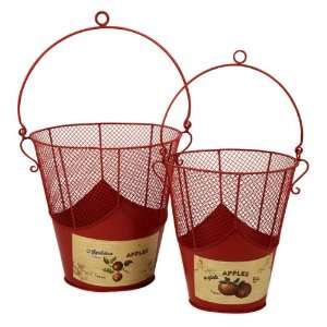 Set of 2 Red Wire Buckets with Vintage Style Apple Design & Handle 12 