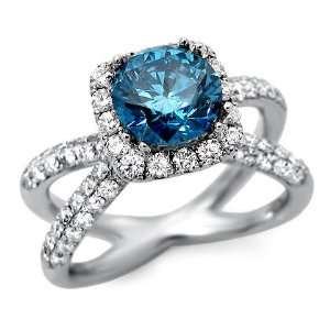   Blue Round Diamond Split Shank Engagement Ring 18k White Gold Jewelry