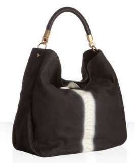 style #317382801 black brushed suede ostrich leg Roady large hobo